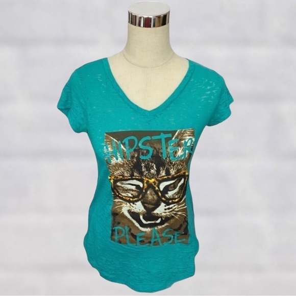 No Boundaries Tops - NO Boundaries Small Teal Short Sleeve Sassy Cat Graphic Tee